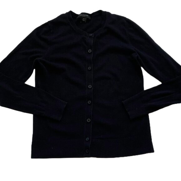 Ann Taylor Cotton Blend Black Button Down Crew Neck Basic Cardigan, Size XSP - Picture 1 of 12